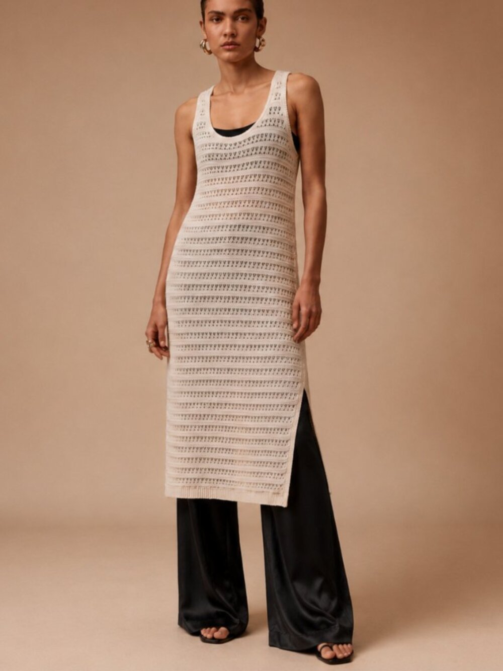 Crochet Knit Cotton Tunic White Dress Side Slits Boho Beach Coastal Resortwear